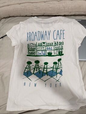 Sunny Somewhere White Tee with Blue and Green Broadway Cafe Print